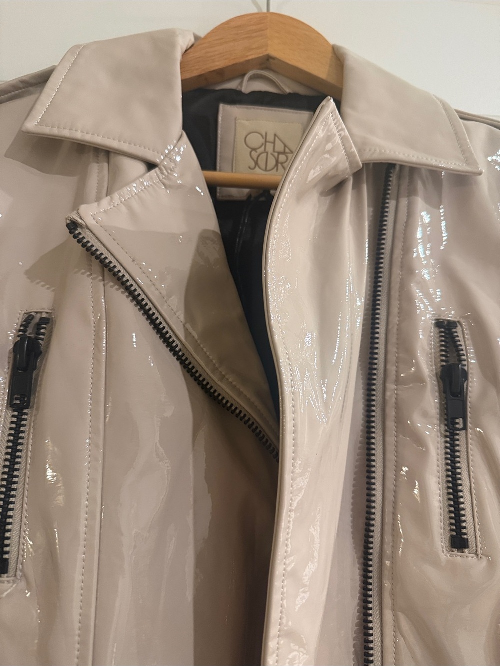 Glossy Taupe Patent Leather Moto Jacket - Women